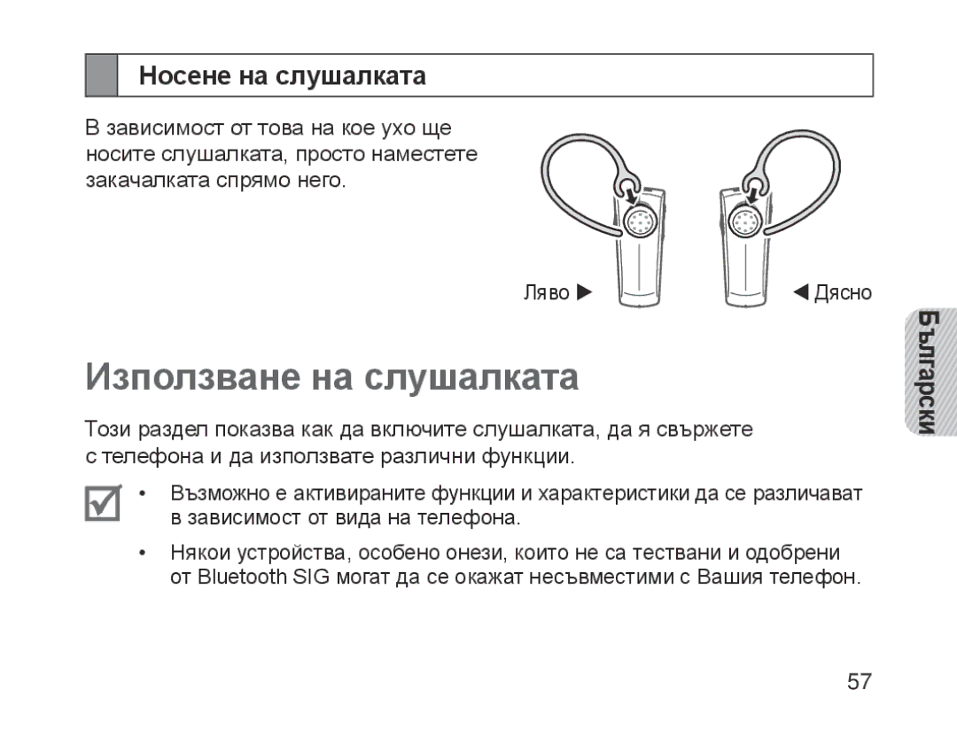 Samsung BHM1200NBEBHAT, BHM1200EBEGXEF, BHM1200EBEGXET, BHM1200EBEGXEH manual Използване на слушалката, Носене на слушалката 