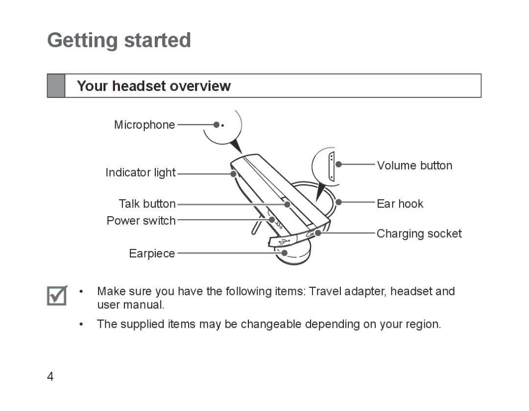 Samsung BHM1200NBEGATO, BHM1200EBEGXEF, BHM1200EBEGXET, BHM1200EBEGXEH, BHM1200EBEGEUR Getting started, Your headset overview 