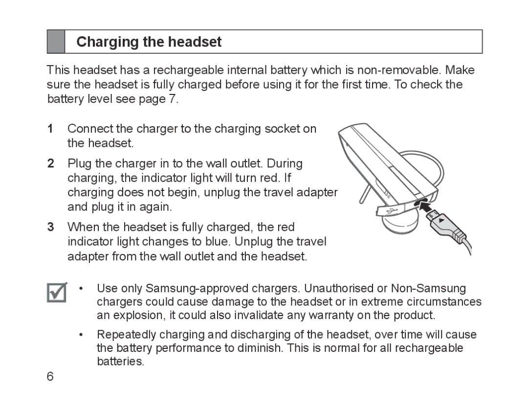 Samsung BHM1200EBRGSER, BHM1200EBEGXEF, BHM1200EBEGXET, BHM1200EBEGXEH, BHM1200EBEGEUR, BHM1200EBEGXEB Charging the headset 