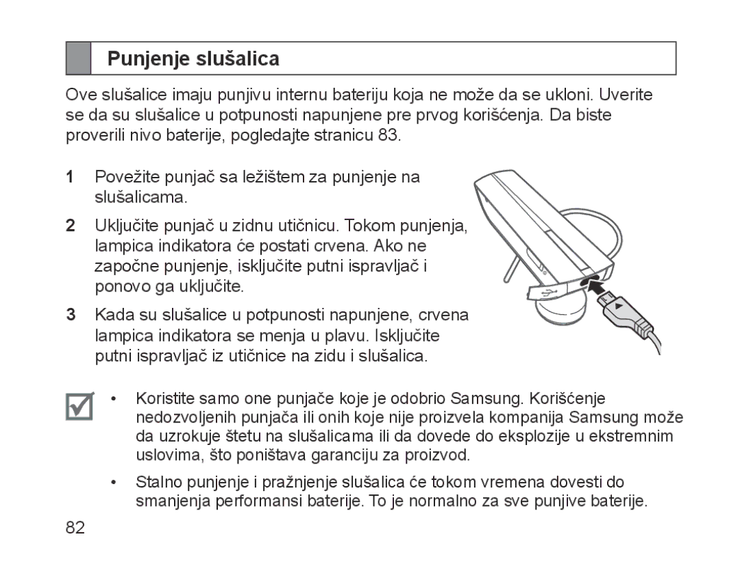 Samsung BHM1200EBEGEUR, BHM1200EBEGXEF, BHM1200EBEGXET, BHM1200EBEGXEH, BHM1200EBEGXEB, BHM1200NBEBHAT manual Punjenje slušalica 