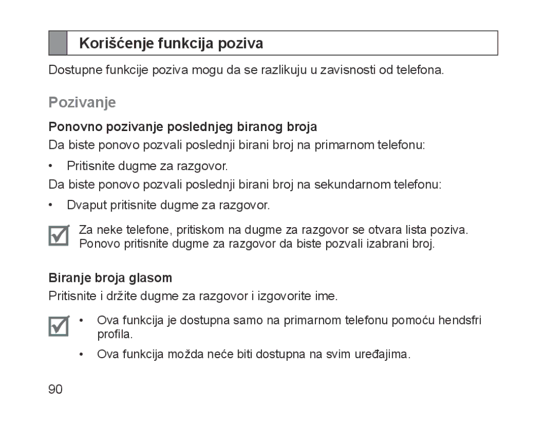 Samsung BHM1200EBEGXEH, BHM1200EBEGXEF Korišćenje funkcija poziva, Pozivanje, Ponovno pozivanje poslednjeg biranog broja 