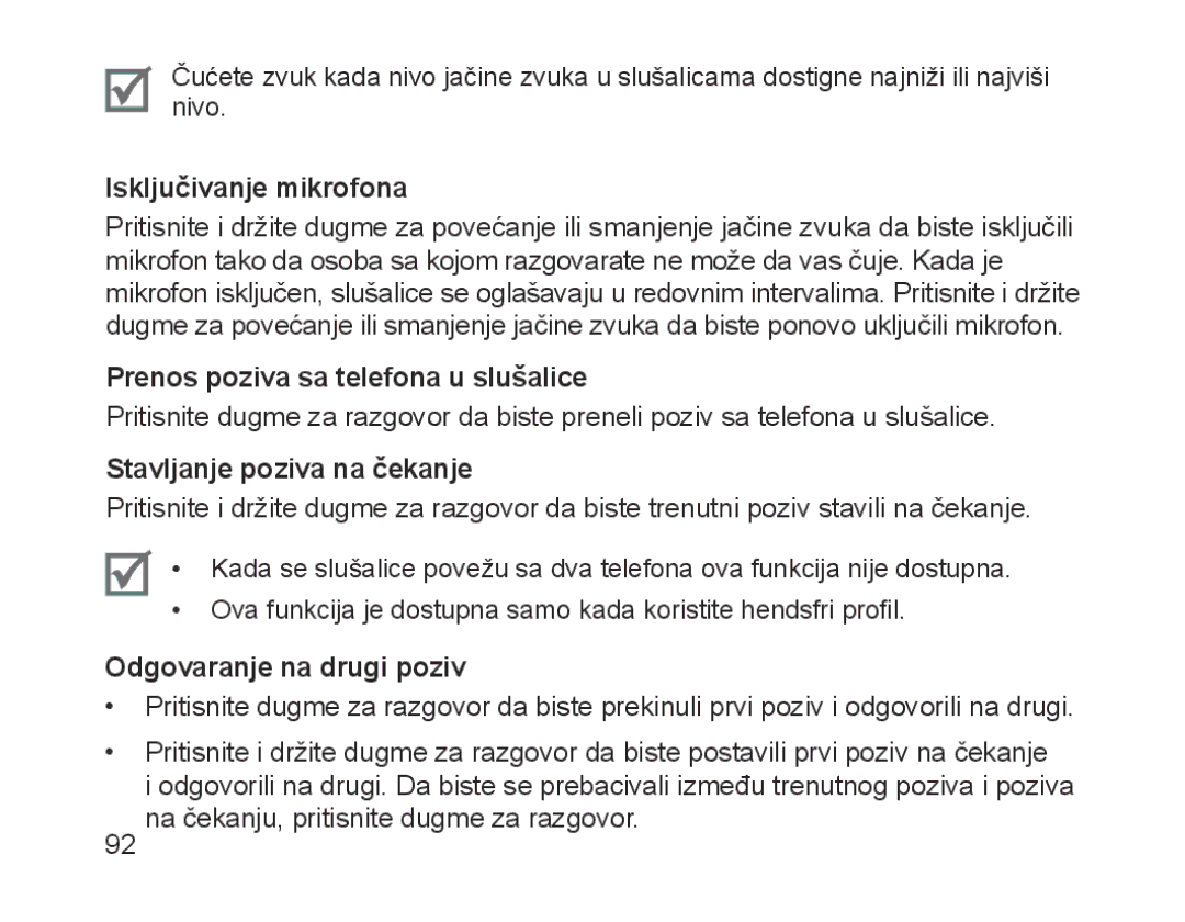 Samsung BHM1200EBEGXEB manual Isključivanje mikrofona, Prenos poziva sa telefona u slušalice, Stavljanje poziva na čekanje 