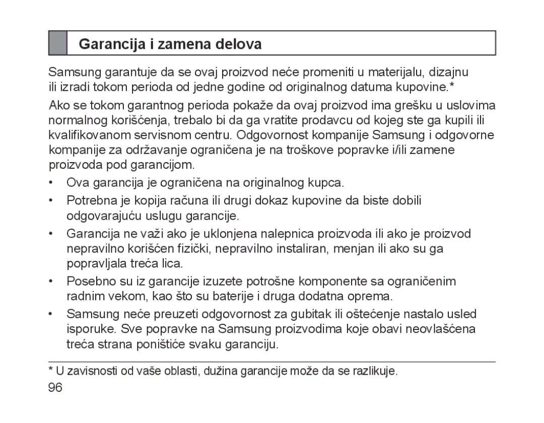 Samsung BHM1200EBRGSER, BHM1200EBEGXEF, BHM1200EBEGXET, BHM1200EBEGXEH, BHM1200EBEGEUR manual Garancija i zamena delova 