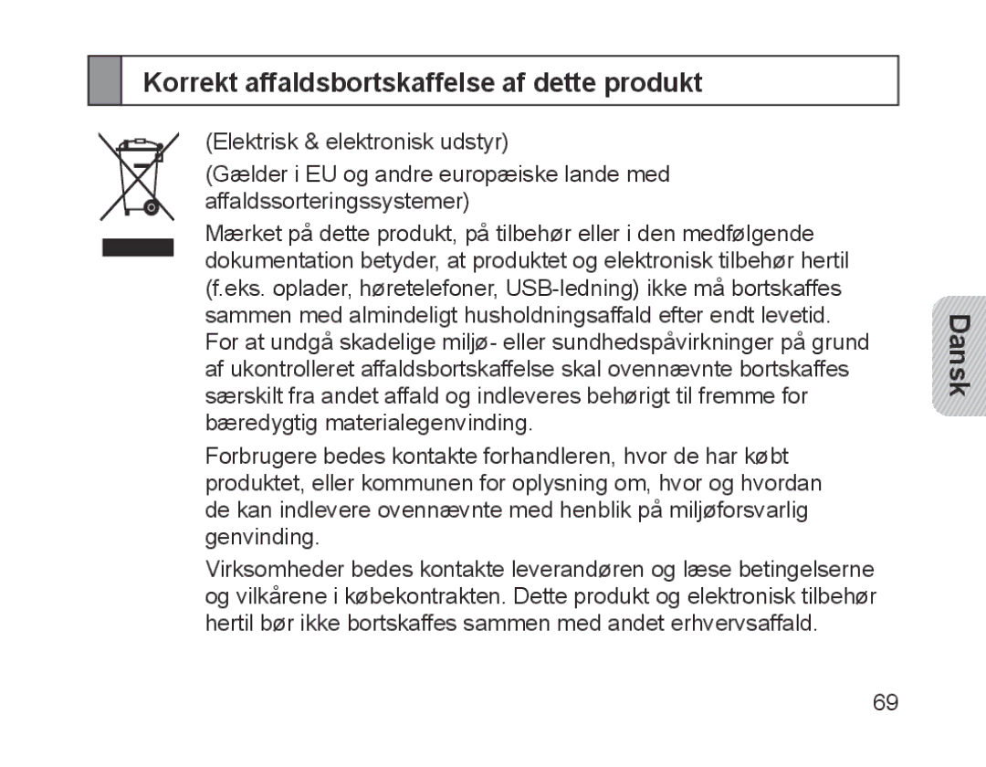 Samsung BHM1200EBRGSER, BHM1200EBEGXEF, BHM1200EBEGXET, BHM1200EBEGXEH manual Korrekt affaldsbortskaffelse af dette produkt 