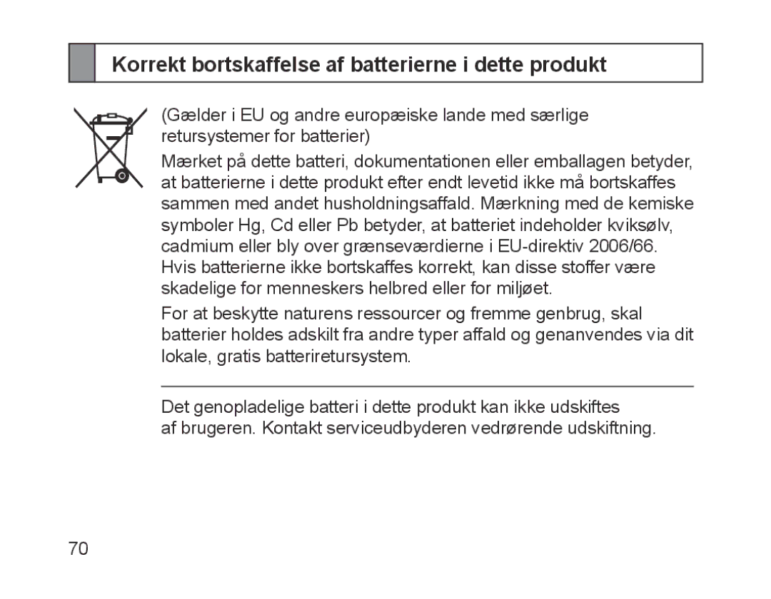 Samsung BHM1200EBEGXEF, BHM1200EBEGXET, BHM1200EBEGXEH, BHM1200EBEGEUR Korrekt bortskaffelse af batterierne i dette produkt 