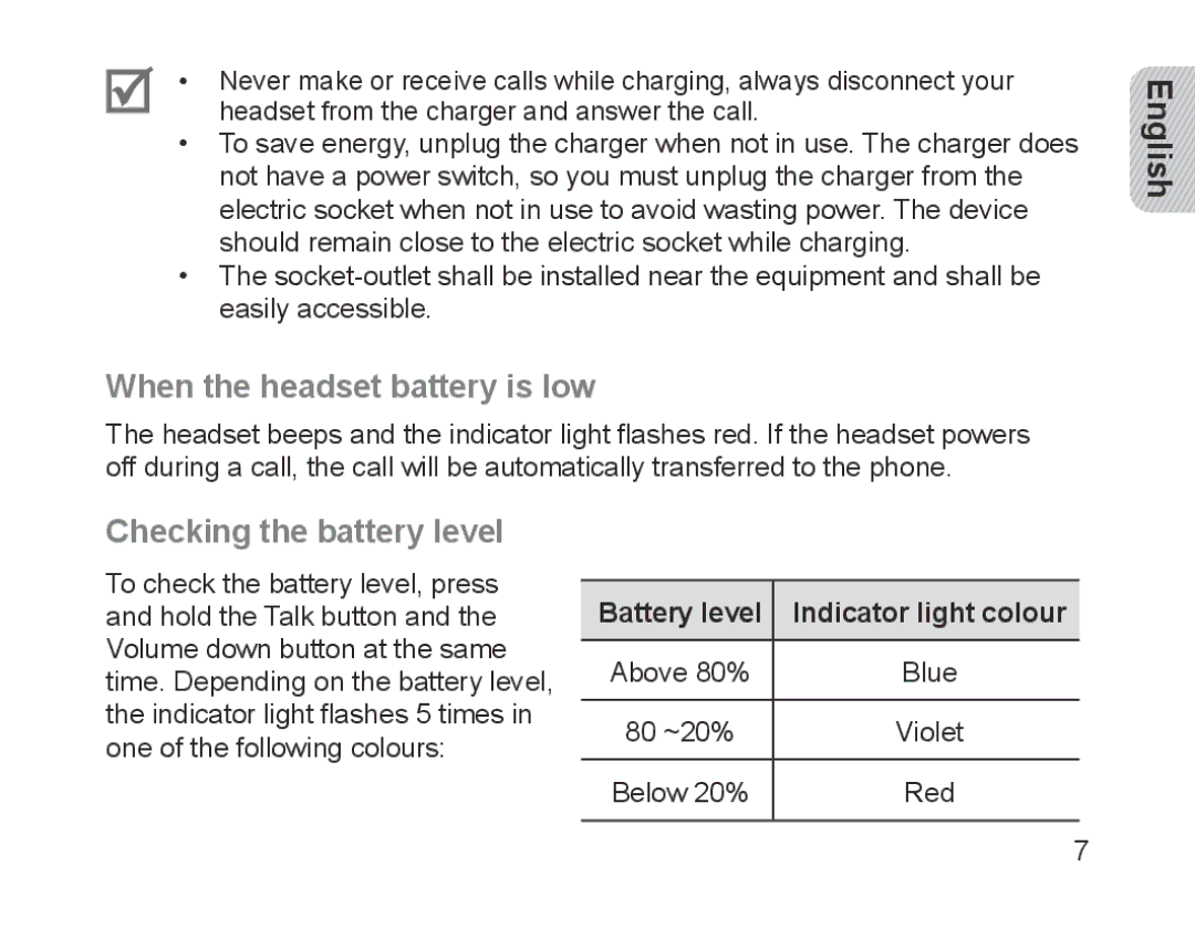 Samsung BHM1200EBEGXET When the headset battery is low, Checking the battery level, Battery level Indicator light colour 