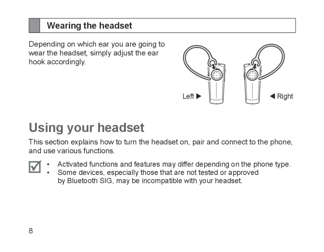 Samsung BHM1200EBEGXEH, BHM1200EBEGXEF, BHM1200EBEGXET, BHM1200EBEGEUR manual Using your headset, Wearing the headset 