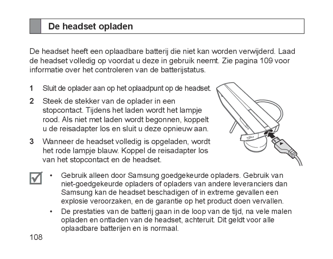 Samsung BHM1200EBEGEUR, BHM1200EBEGXEF, BHM1200EBEGXET, BHM1200EBEGXEH, BHM1200EBEGXEB, BHM1200NBEBHAT manual De headset opladen 