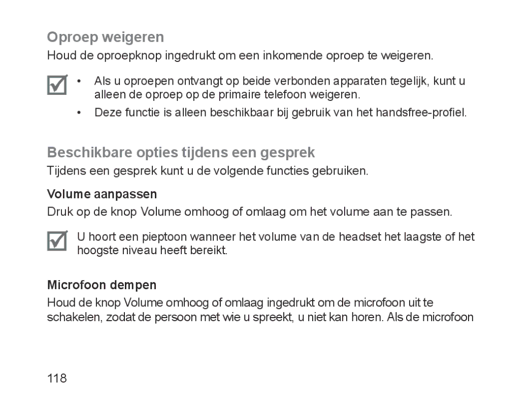 Samsung BHM1200EBEGXEB manual Oproep weigeren, Beschikbare opties tijdens een gesprek, Volume aanpassen, Microfoon dempen 