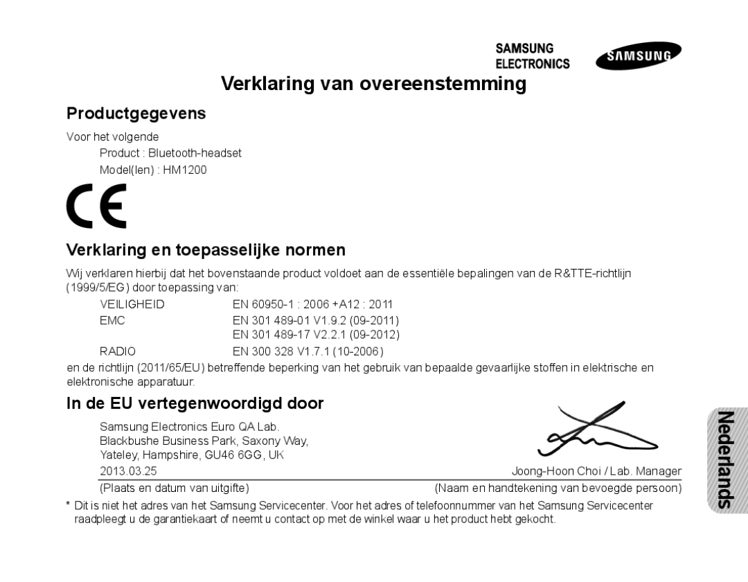 Samsung BHM1200EBEGXEB, BHM1200EBEGXEF Verklaring van overeenstemming, Productgegevens, Verklaring en toepasselijke normen 