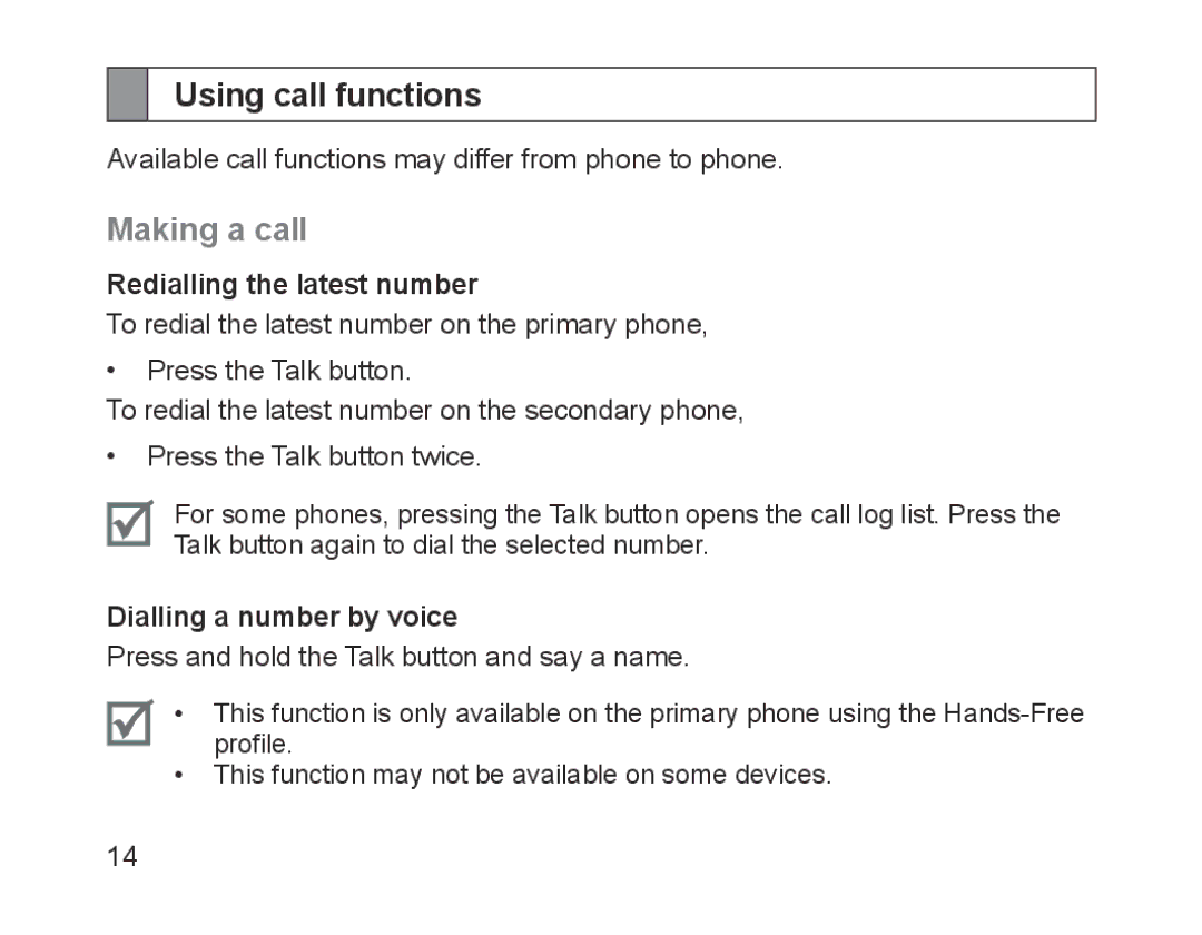 Samsung BHM1200EBRGSER manual Using call functions, Making a call, Redialling the latest number, Dialling a number by voice 