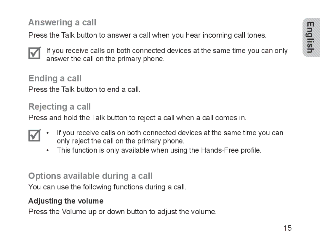 Samsung BHM1200EBEGXEF, BHM1200EBEGXET Answering a call, Ending a call, Rejecting a call, Options available during a call 