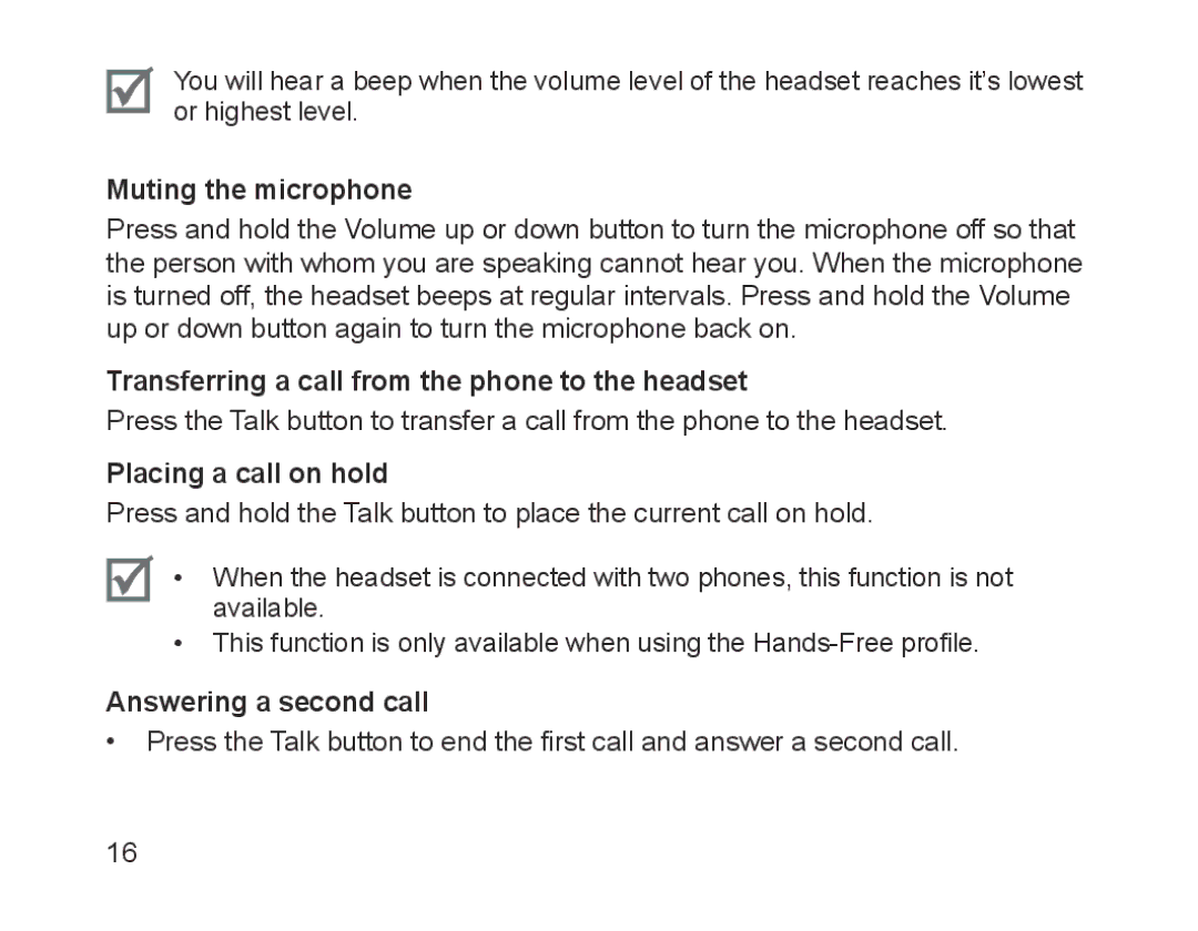 Samsung BHM1200EBEGXET Muting the microphone, Transferring a call from the phone to the headset, Placing a call on hold 