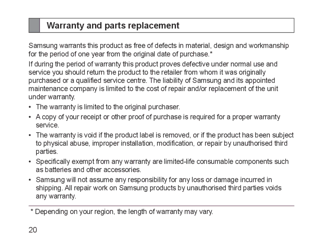 Samsung BHM1200NBEBHAT, BHM1200EBEGXEF, BHM1200EBEGXET, BHM1200EBEGXEH, BHM1200EBEGEUR manual Warranty and parts replacement 