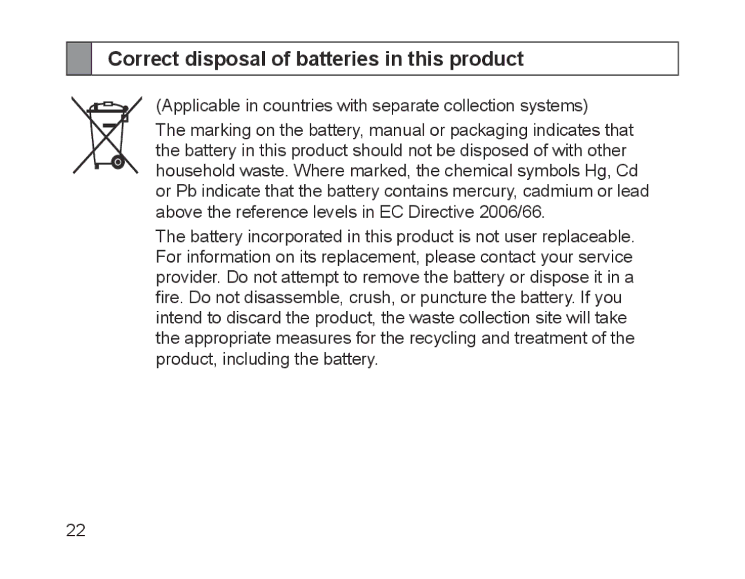 Samsung BHM1200EBEGHAT, BHM1200EBEGXEF, BHM1200EBEGXET, BHM1200EBEGXEH manual Correct disposal of batteries in this product 