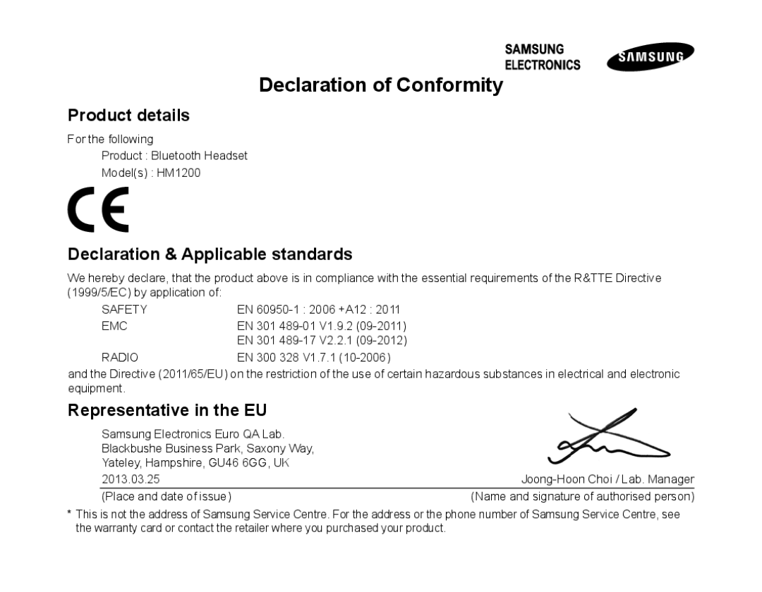 Samsung BHM1200EBEGXEF, BHM1200EBEGXET manual Declaration of Conformity, Product details, Declaration & Applicable standards 