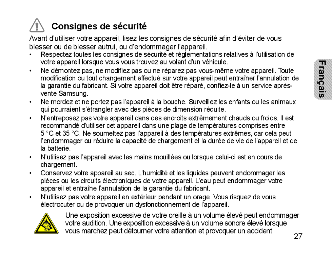 Samsung BHM1200EBEGEUR, BHM1200EBEGXEF, BHM1200EBEGXET, BHM1200EBEGXEH, BHM1200EBEGXEB, BHM1200NBEBHAT Consignes de sécurité 