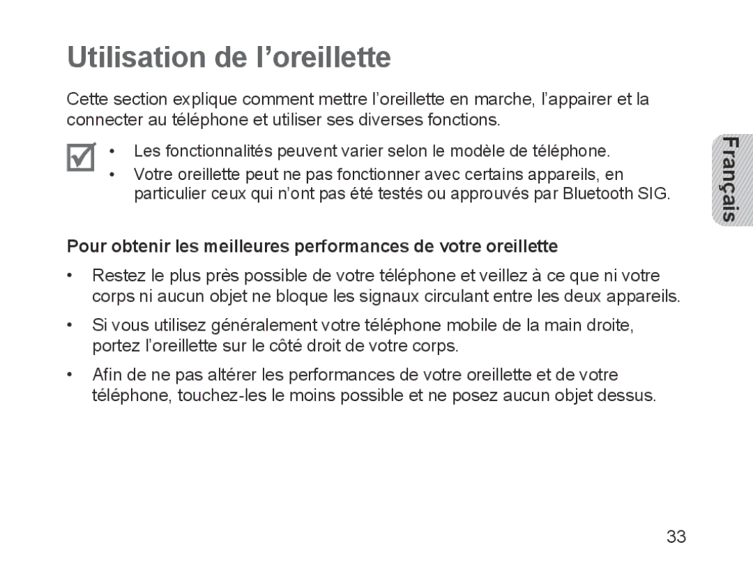 Samsung BHM1200EBEGXEF manual Utilisation de l’oreillette, Pour obtenir les meilleures performances de votre oreillette 