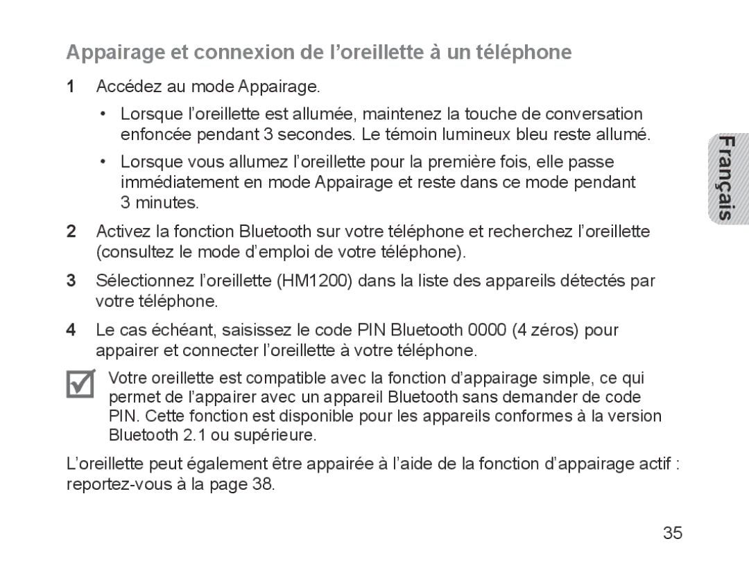 Samsung BHM1200EBEGXEH, BHM1200EBEGXEF, BHM1200EBEGXET, BHM1200EBEGEUR Appairage et connexion de l’oreillette à un téléphone 