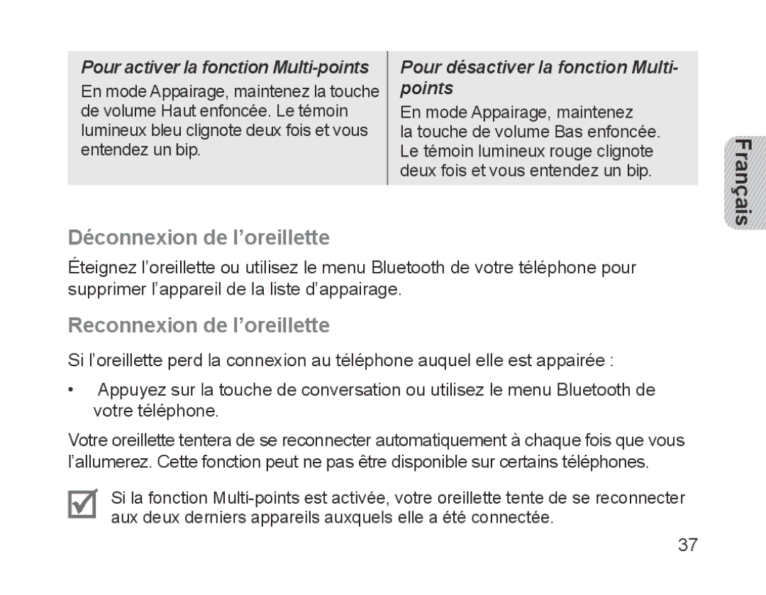 Samsung BHM1200EBEGXEB, BHM1200EBEGXEF, BHM1200EBEGXET manual Déconnexion de l’oreillette, Reconnexion de l’oreillette 