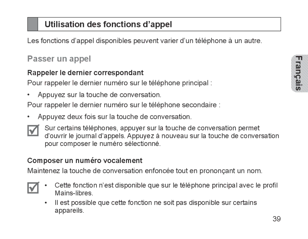 Samsung BHM1200NBEGATO manual Utilisation des fonctions d’appel, Passer un appel, Rappeler le dernier correspondant 