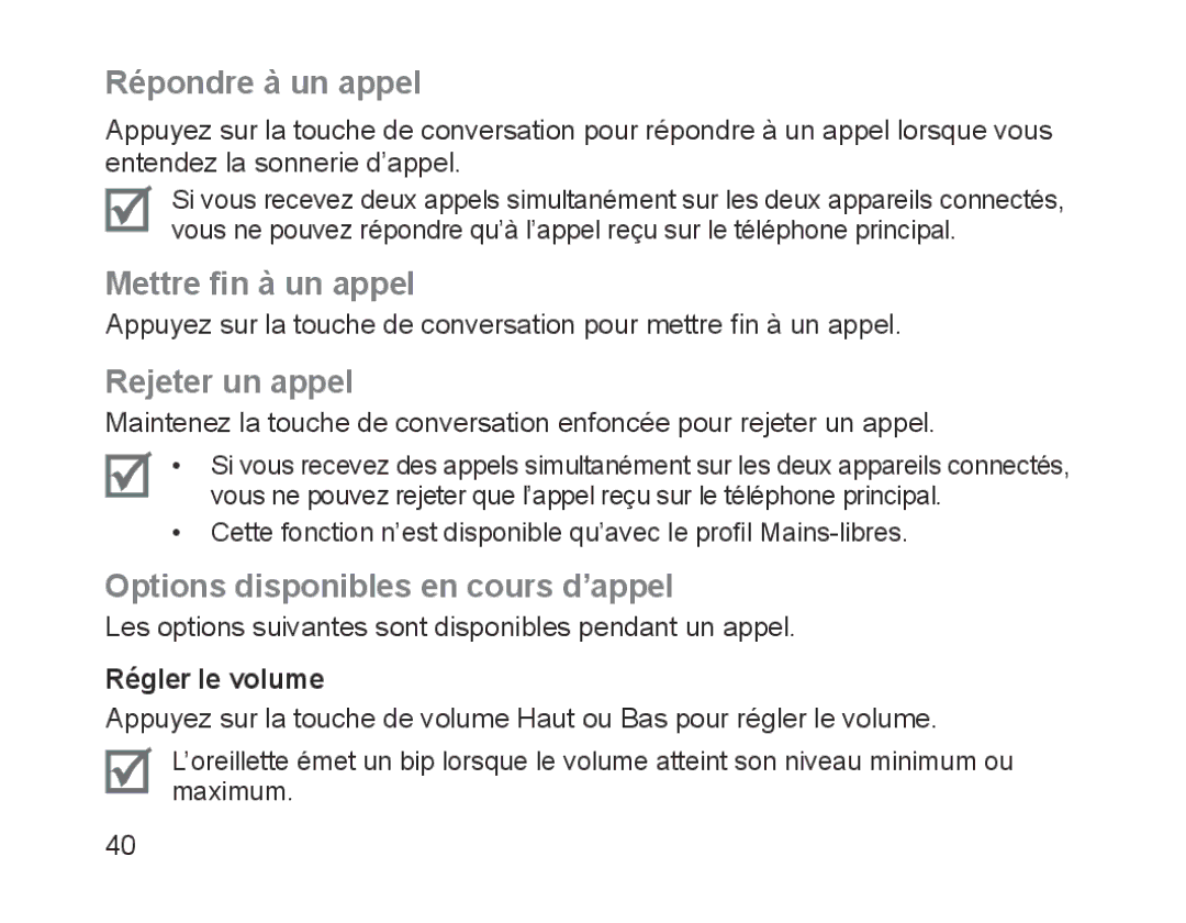 Samsung BHM1200EBEGHAT Répondre à un appel, Mettre fin à un appel, Rejeter un appel, Options disponibles en cours d’appel 