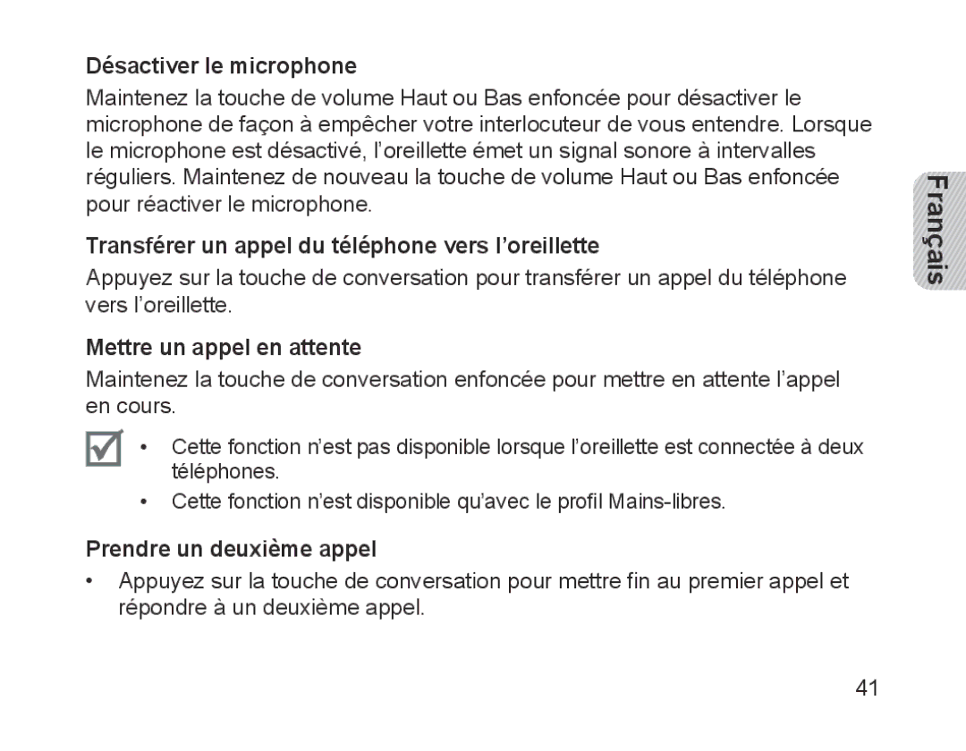 Samsung BHM1200EBRGSER, BHM1200EBEGXEF manual Désactiver le microphone, Transférer un appel du téléphone vers l’oreillette 