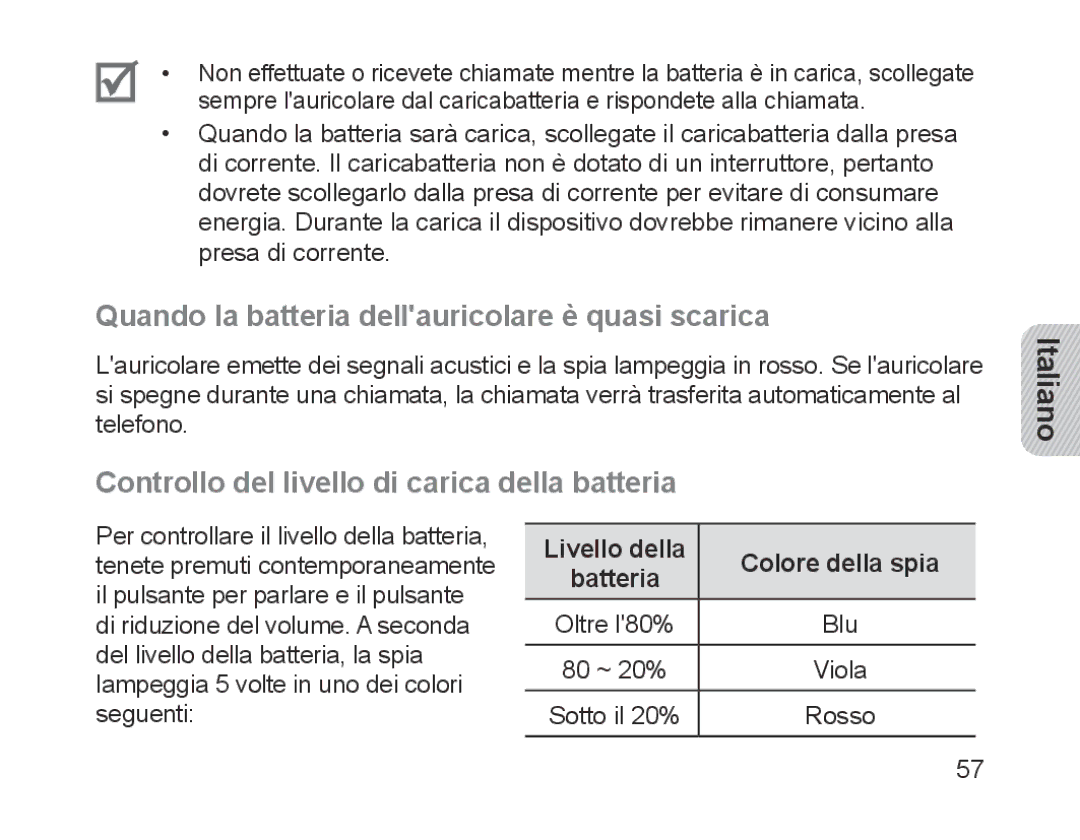 Samsung BHM1200NBEGATO Quando la batteria dellauricolare è quasi scarica, Controllo del livello di carica della batteria 