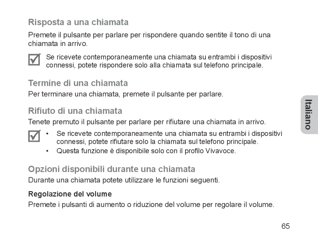 Samsung BHM1200NBEBHAT Risposta a una chiamata, Termine di una chiamata, Rifiuto di una chiamata, Regolazione del volume 