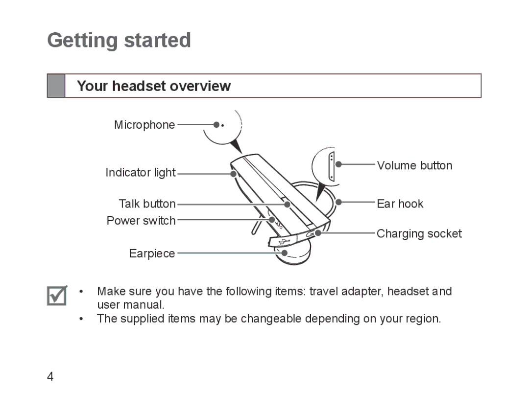 Samsung BHM1200EBEGHAT, BHM1200EBEGXEF, BHM1200EBEGXET, BHM1200EBEGXEH, BHM1200EBEGEUR Getting started, Your headset overview 