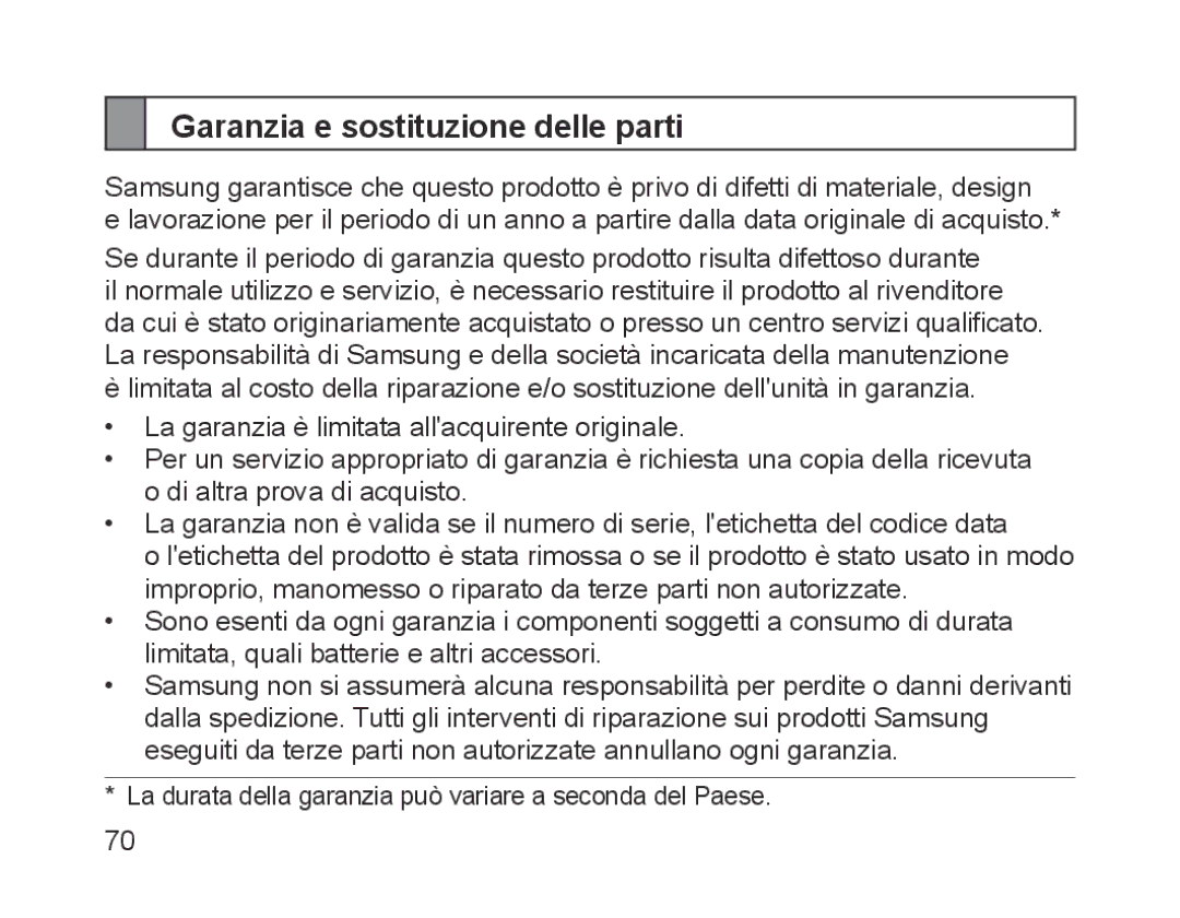 Samsung BHM1200EBEGXET, BHM1200EBEGXEF, BHM1200EBEGXEH, BHM1200EBEGEUR, BHM1200EBEGXEB Garanzia e sostituzione delle parti 