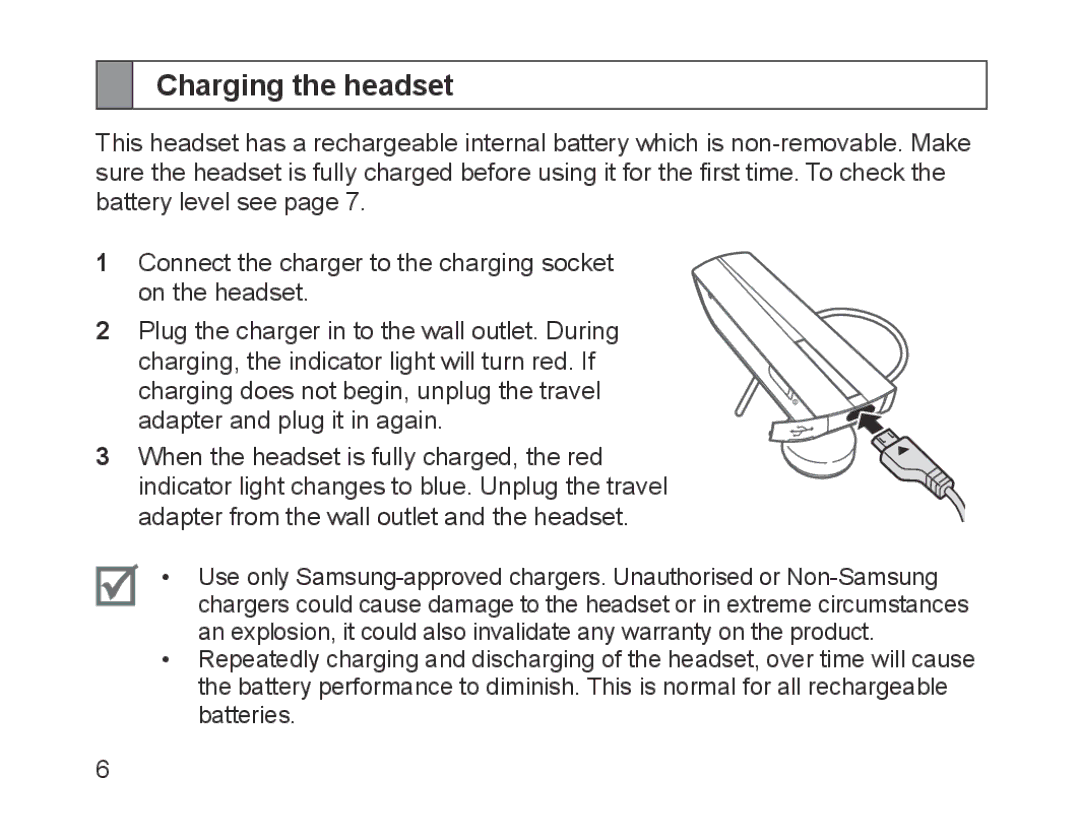 Samsung BHM1200EBEGXEF, BHM1200EBEGXET, BHM1200EBEGXEH, BHM1200EBEGEUR, BHM1200EBEGXEB, BHM1200NBEBHAT Charging the headset 