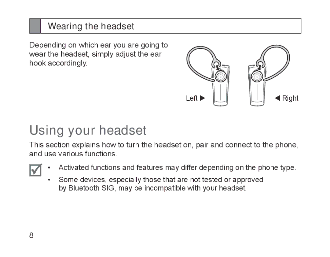 Samsung BHM1200EBEGXET, BHM1200EBEGXEF, BHM1200EBEGXEH, BHM1200EBEGEUR manual Using your headset, Wearing the headset 