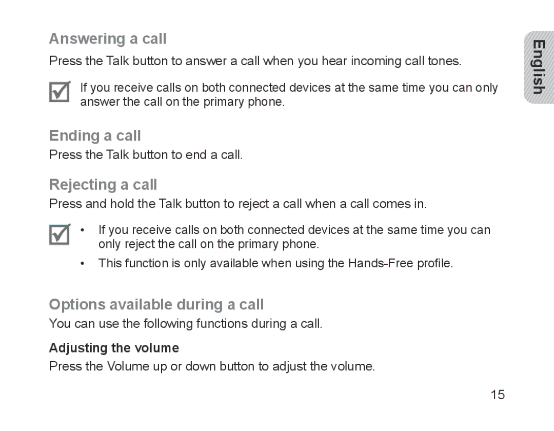 Samsung BHM1200EBRGSER, BHM1200EBEGXEF Answering a call, Ending a call, Rejecting a call, Options available during a call 