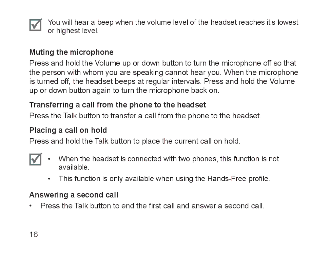 Samsung BHM1200EBEGXEF Muting the microphone, Transferring a call from the phone to the headset, Placing a call on hold 