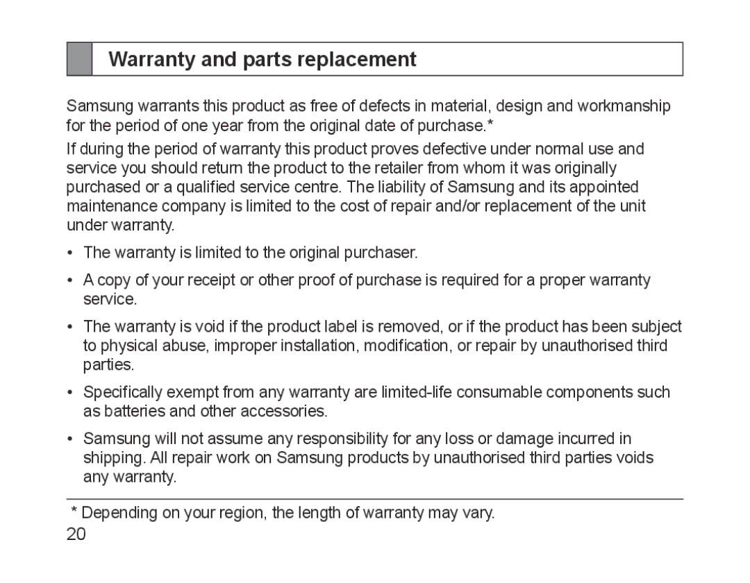 Samsung BHM1200EBEGXEB, BHM1200EBEGXEF, BHM1200EBEGXET, BHM1200EBEGXEH, BHM1200EBEGEUR manual Warranty and parts replacement 