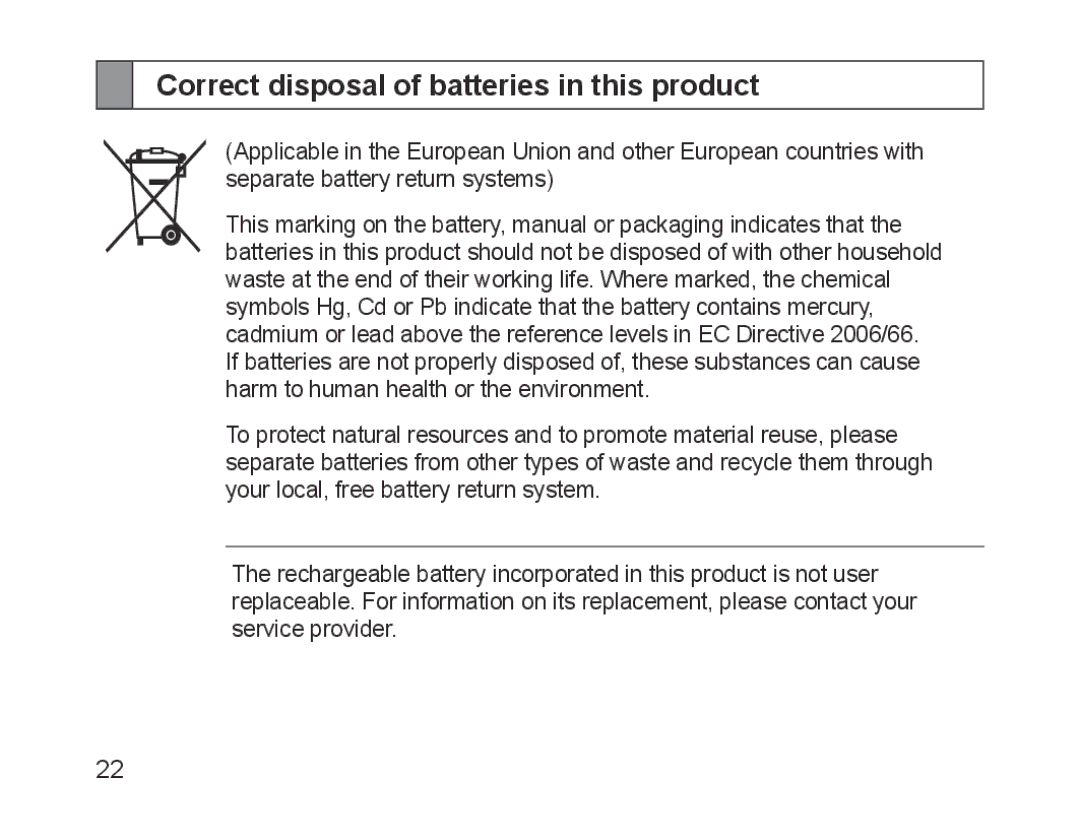 Samsung BHM1200NBEGATO, BHM1200EBEGXEF, BHM1200EBEGXET, BHM1200EBEGXEH manual Correct disposal of batteries in this product 