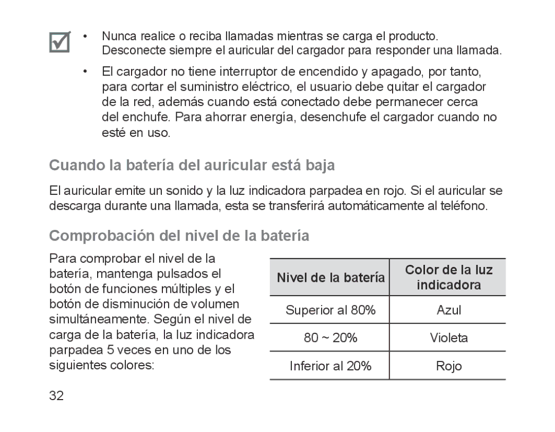 Samsung BHM1200EBEGHAT, BHM1200EBEGXEF Cuando la batería del auricular está baja, Comprobación del nivel de la batería 