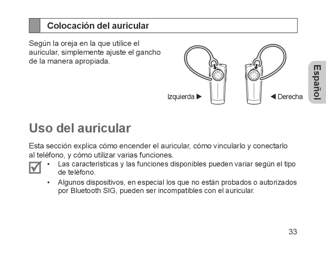 Samsung BHM1200EBRGSER, BHM1200EBEGXEF, BHM1200EBEGXET, BHM1200EBEGXEH manual Uso del auricular, Colocación del auricular 