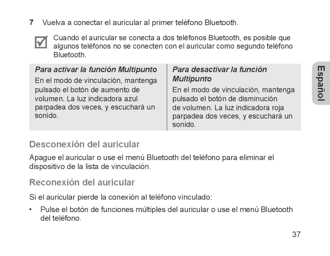 Samsung BHM1200EBEGEUR, BHM1200EBEGXEF, BHM1200EBEGXET manual Español, Desconexión del auricular, Reconexión del auricular 