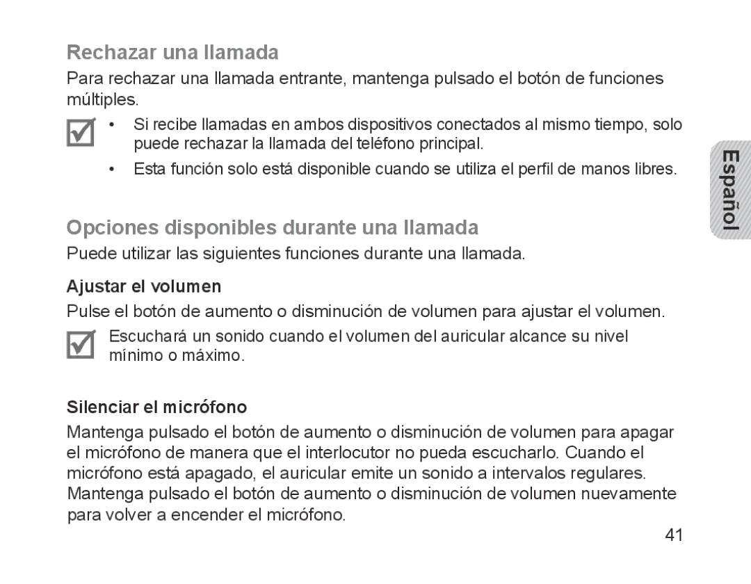 Samsung BHM1200EBEGHAT, BHM1200EBEGXEF Rechazar una llamada, Opciones disponibles durante una llamada, Ajustar el volumen 