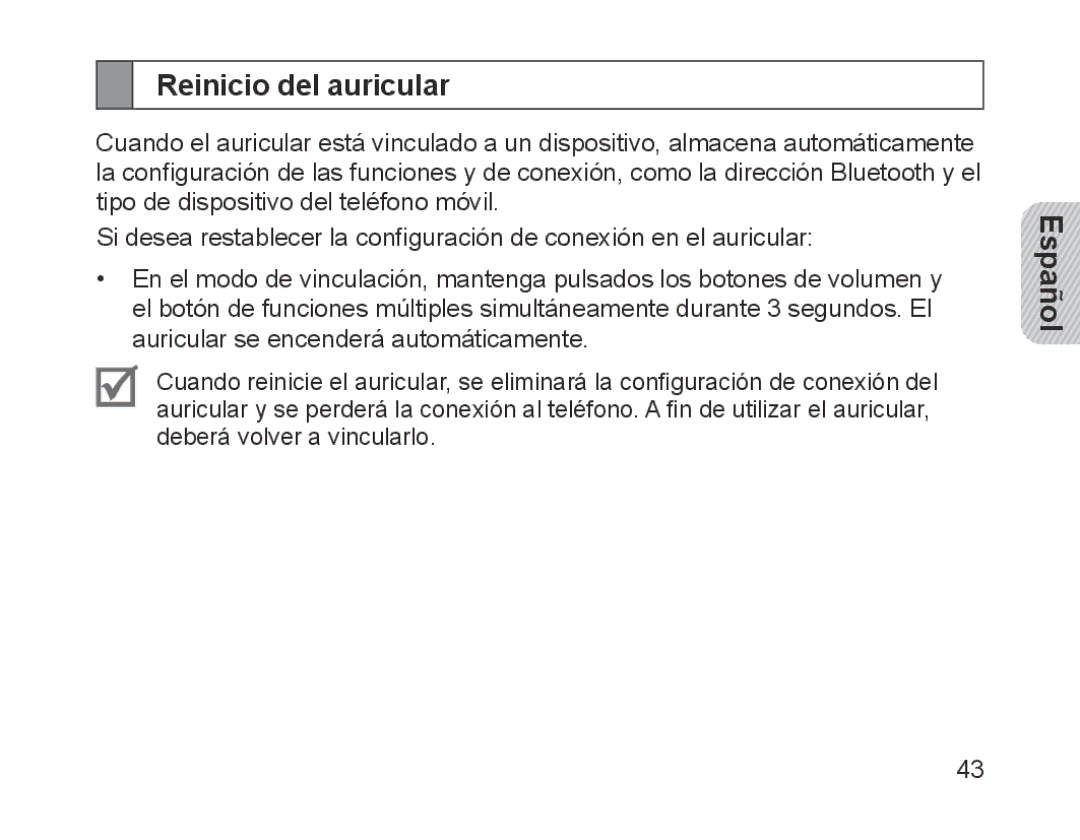 Samsung BHM1200EBEGXEF, BHM1200EBEGXET, BHM1200EBEGXEH, BHM1200EBEGEUR, BHM1200EBEGXEB, BHM1200NBEBHAT Reinicio del auricular 