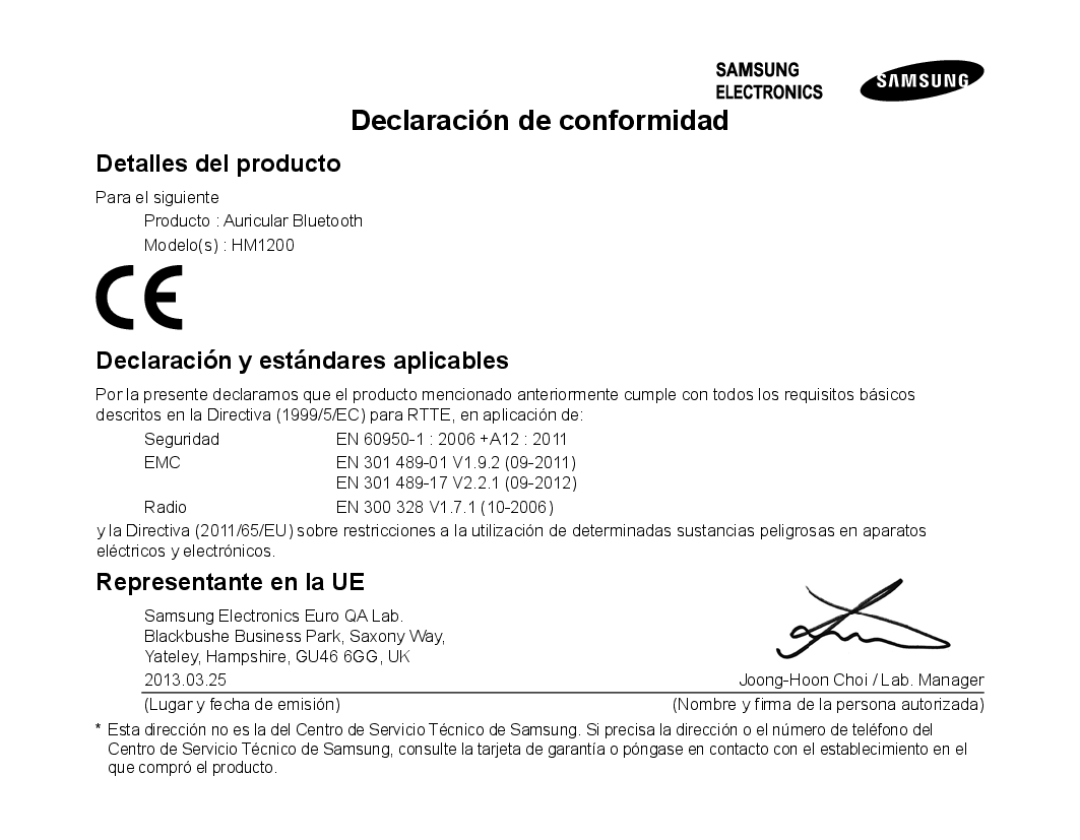 Samsung BHM1200EBEGHAT manual Declaración de conformidad, Detalles del producto, Declaración y estándares aplicables 