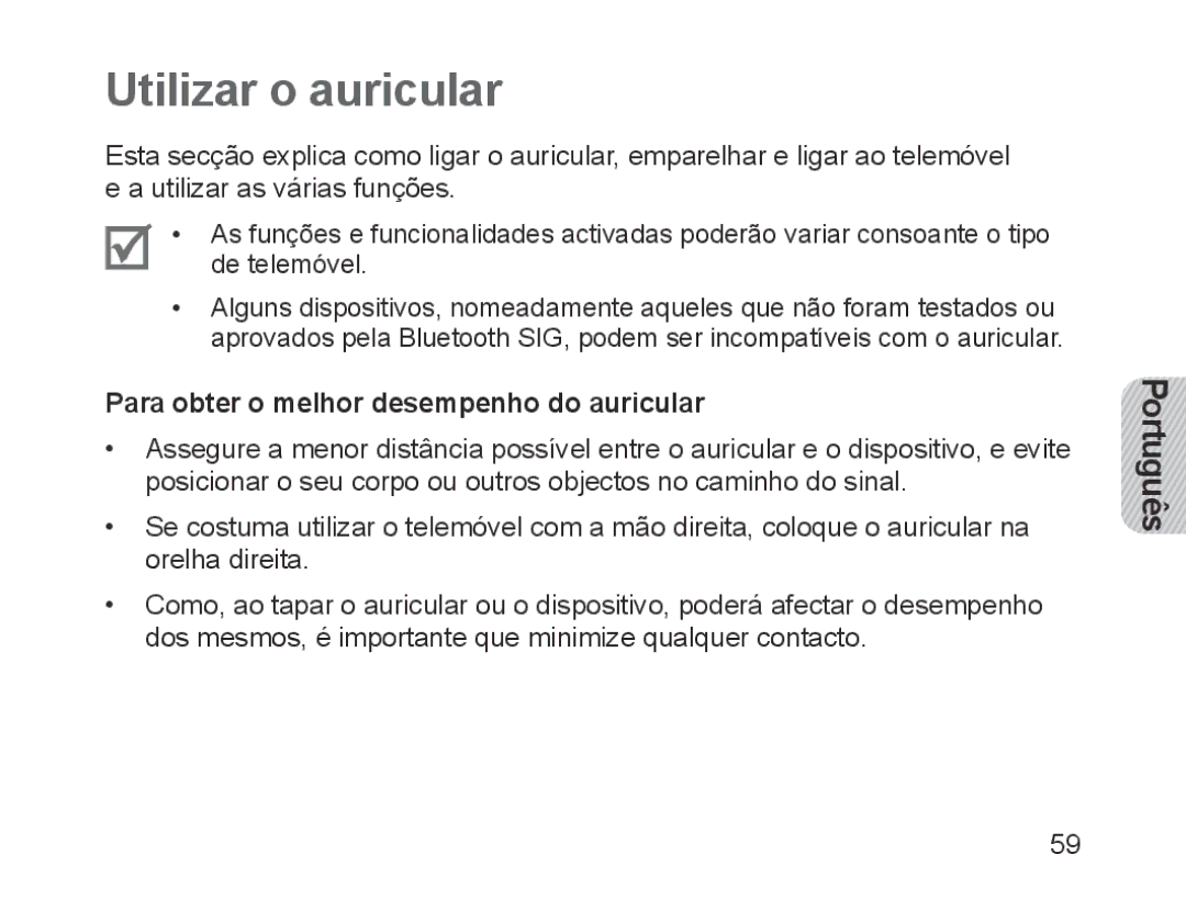 Samsung BHM1200EBEGHAT, BHM1200EBEGXEF, BHM1200EBEGXET Utilizar o auricular, Para obter o melhor desempenho do auricular 