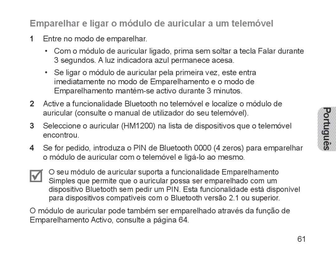 Samsung BHM1200EBEGXEF, BHM1200EBEGXET, BHM1200EBEGXEH manual Emparelhar e ligar o módulo de auricular a um telemóvel 