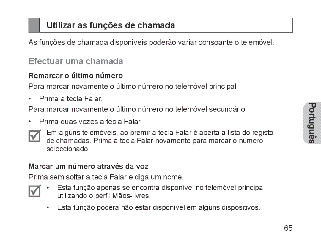 Samsung BHM1200EBEGXEB, BHM1200EBEGXEF manual Utilizar as funções de chamada, Efectuar uma chamada, Remarcar o último número 