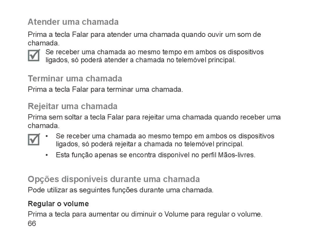 Samsung BHM1200NBEBHAT, BHM1200EBEGXEF Atender uma chamada, Terminar uma chamada, Rejeitar uma chamada, Regular o volume 