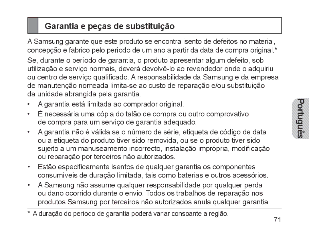 Samsung BHM1200EBEGXET, BHM1200EBEGXEF, BHM1200EBEGXEH, BHM1200EBEGEUR, BHM1200EBEGXEB manual Garantia e peças de substituição 