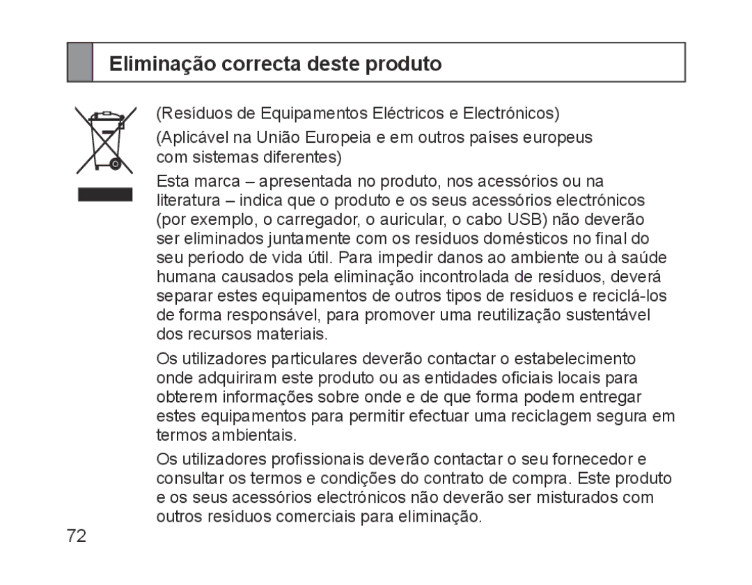 Samsung BHM1200EBEGXEH, BHM1200EBEGXEF, BHM1200EBEGXET, BHM1200EBEGEUR, BHM1200EBEGXEB manual Eliminação correcta deste produto 