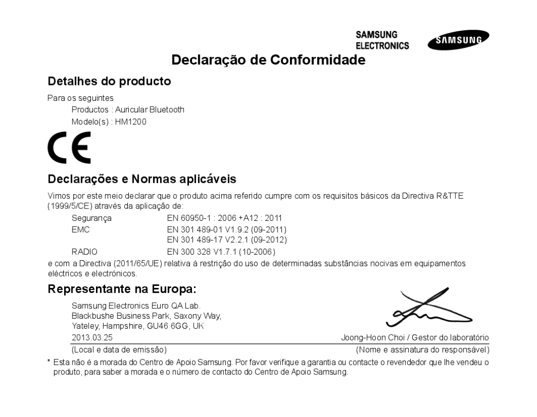 Samsung BHM1200NBEBHAT, BHM1200EBEGXEF Declaração de Conformidade, Detalhes do producto, Declarações e Normas aplicáveis 